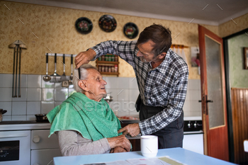 Portrait of man combing hair of elderly father indoors at home / Photodune, Misc