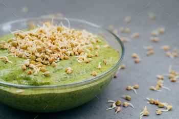 Glass bowl of green fresh smoothie made of organic vegetables with sprouted buckwheat / Photodune, Misc