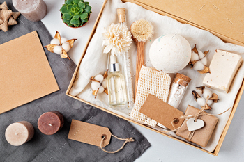 Preparing self care package, seasonal gift box with plastic free zero waste cosmetics products / Photodune, Misc