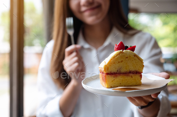 フォークでケーキを持って食べている美しい若いアジアの女性のクローズアップ画像 / Photodune, Misc