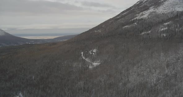 Aerial helicopter wide shot, track across frozen river valley, flanked by mountains, pine trees in f