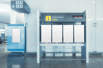 ock-up consisting of blank white vertical LCD screens in an airport terminal or a railway station depot with poster placeholder template on the left
