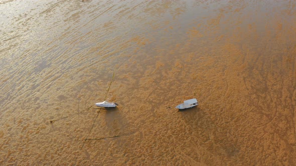 Aerial Drone Flight Over Two Boats Aground Bali Indonesia