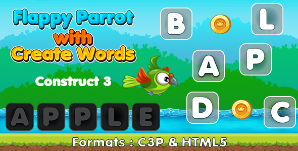 Flappy Parrot with Create Words Game (Construct 3 | C3P | HTML5) Kids Educational game