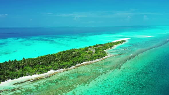 Daytime fly over abstract view of a white sand paradise beach and blue sea background in best qualit