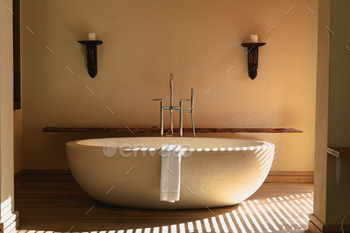 Interior of sunny, modern luxury bathroom with beautiful designer bath / Photodune, Misc