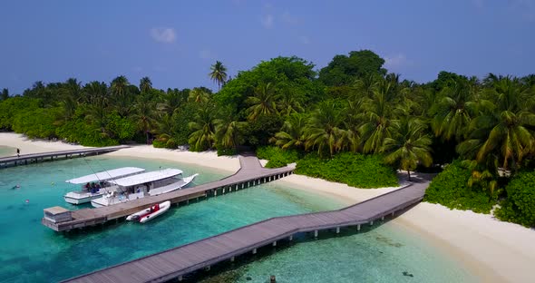 Tropical aerial tourism shot of a paradise sunny white sand beach and aqua blue ocean background 