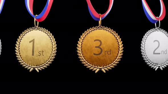 Endless animation of a line of silver, gold, bronze sports medals. Set of awards