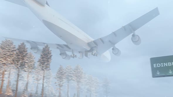 Airplane Arrives to Edinburgh In Snowy Winter
