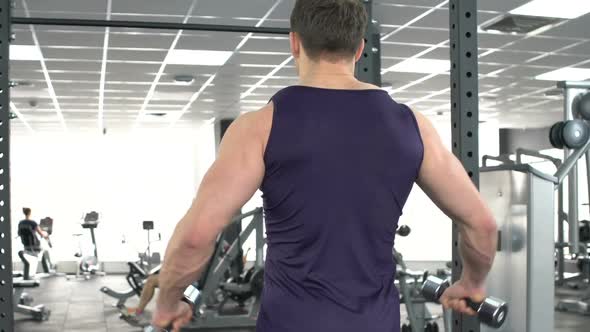 Sportive Man Performing Lateral Raise, Training With Dumbbells in Gym, Back View