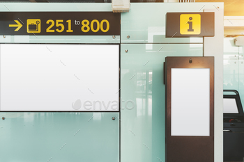 n billboard mockup near a vertical information desk and intercom; an indoor LCD panel placeholder template; a public board in an airport terminal