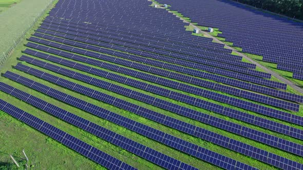 Aerial View of Solar Panels Stand in a Row in the Fields