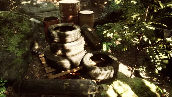 Old Used Wheels in the Tropical Forest As Pollution Concept