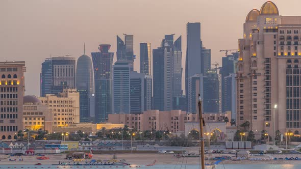 View From Katara Beach Day to Night Timelapse in Doha Qatar Towards the West Bay and City Center