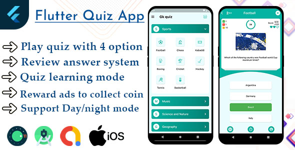 Flutter Quiz app offline with admob ready to publish template