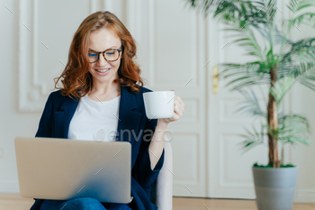 生姜髪で満足しているヨーロッパの女性、ラップトップコンピューターで情報を入力し、コーヒーを飲む / Photodune, Misc