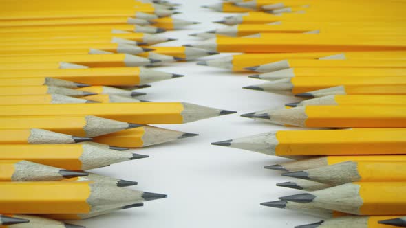 Yellow Pencils Randomly Lie on a White Background