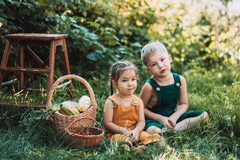 Different blonde brother and brunette sister in overalls are sitting on the grass next to basket of / Photodune, Misc