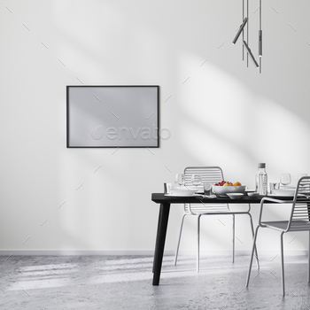 frame mock up in modern dining room interior with black table and chairs and white wall / Photodune, Misc