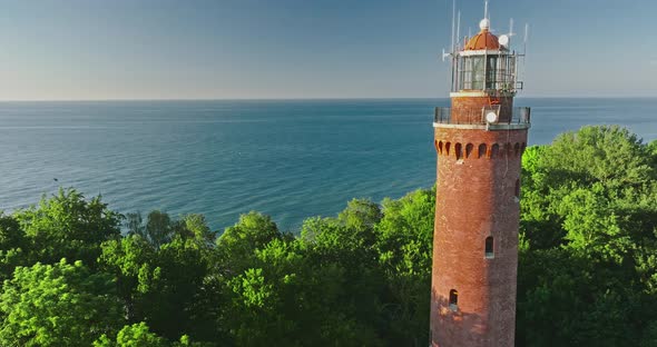 Lighthouse by Baltic Sea in summer, Aerial view of Poland