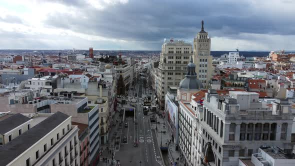 Madrid Aerial Cityscape with People Walking in Alcala Street Spain