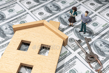 Toy house and figurine couple on dollar banknote background