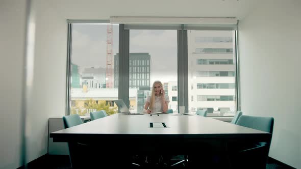 Business Woman Waving with Hand While Speaking on Phone. Stylish Businesswoman Having Phone Call