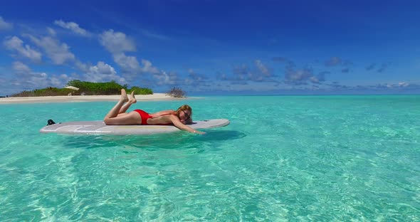 Happy man and woman after marriage in love spend quality time on beach on white sand background 4K