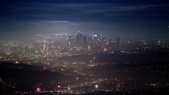 Beautiful Colorful Fireworks View at Night Sky Above Los Angeles Time Lapse USA