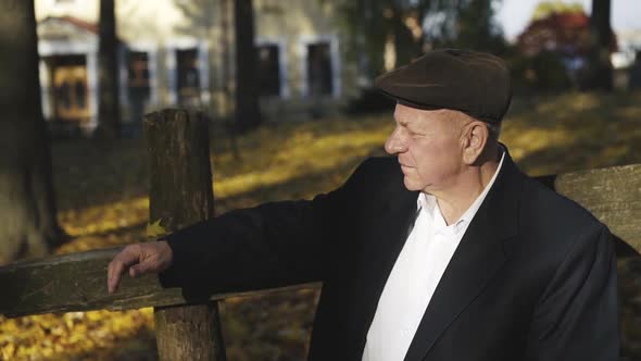 Portrait of Senior Man Resting on a Park Bench and Admiring the Autumn Beauty