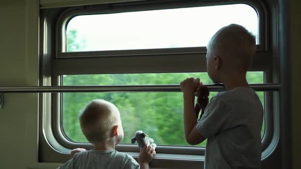 Two fair-hair boys look out the window from the train