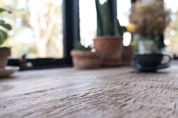 Closeup blur image of a wooden table with flowerpots in background / Photodune, Misc