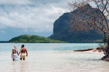 A girl in a swimsuit and a man in shorts stand in the ocean against the backdrop of mount Le Morne / Photodune, Misc