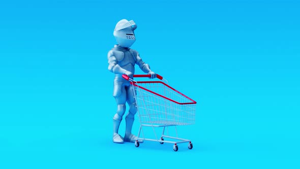 4K fun cartoon animation of a knight shopping