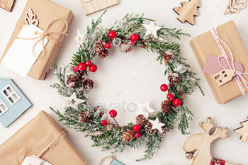Flat lay of morden minimalist Christmas gifts and decoration in pastel colors / Photodune, Misc