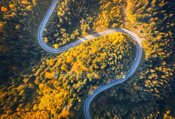 Aerial view of mountain road in beautiful forest at sunset / Photodune, Misc