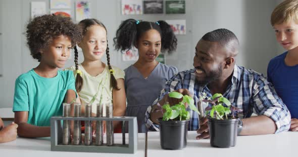 Video of happy african american male teacher and class of diverse pupils during biology lesson