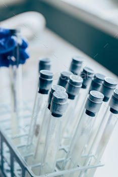selective focus of flasks and hand of biologist behind in modern laboratory / Photodune, Misc