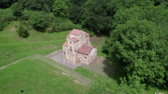 Aerial view of San Miguel de Lillo cathedral in north Spain. Landmark tourism in the outdoors.