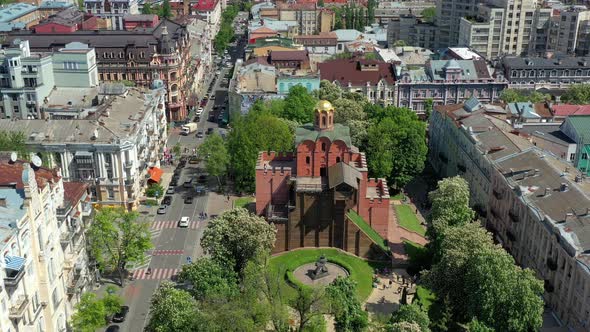 Top view of the historical complex "Golden Gate" in Kiev. Beautiful spring flight over the city.