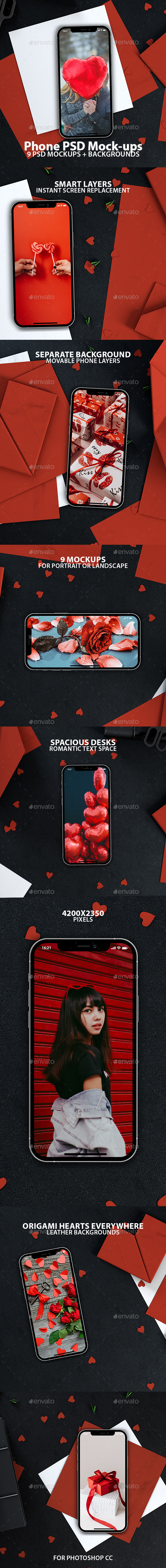iPhone 12 PSD Mockups with Paper Hearts