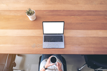 a woman using laptop with blank white desktop screen / Photodune, Misc