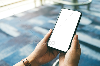 Mockup image of a woman's hand holding black mobile phone with blank white desktop screen / Photodune, Misc