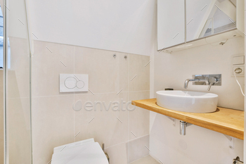 Simple bathroom design with toilet and wooden counter / Photodune, Misc