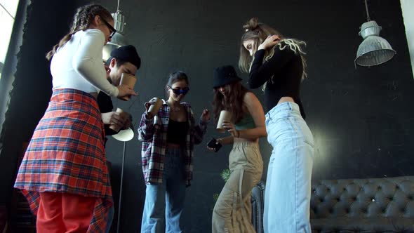 Animation Group of Young Women and Men Dancing on Dark Background