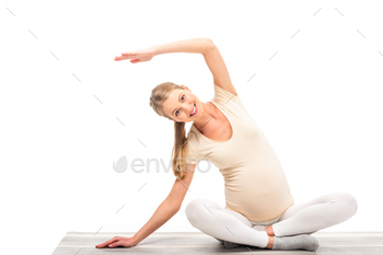 pregnant blonde woman stretching and smiling isolated on white / Photodune, Misc