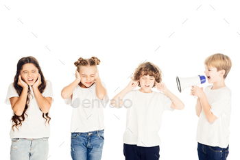 boy screaming in megaphone, kids covering ears isolated on white / Photodune, Misc