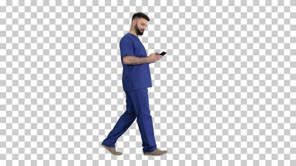 Surgeon doctor walking and using his phone, Alpha Channel