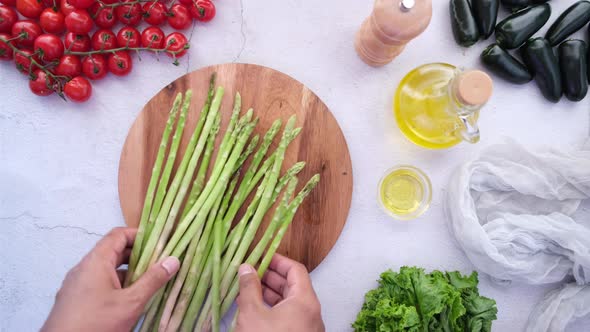 Asparagus Green on Chopping Board Top View