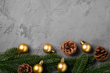 Christmas composition. Golden baubles, pine cones and fir needles / Photodune, Misc